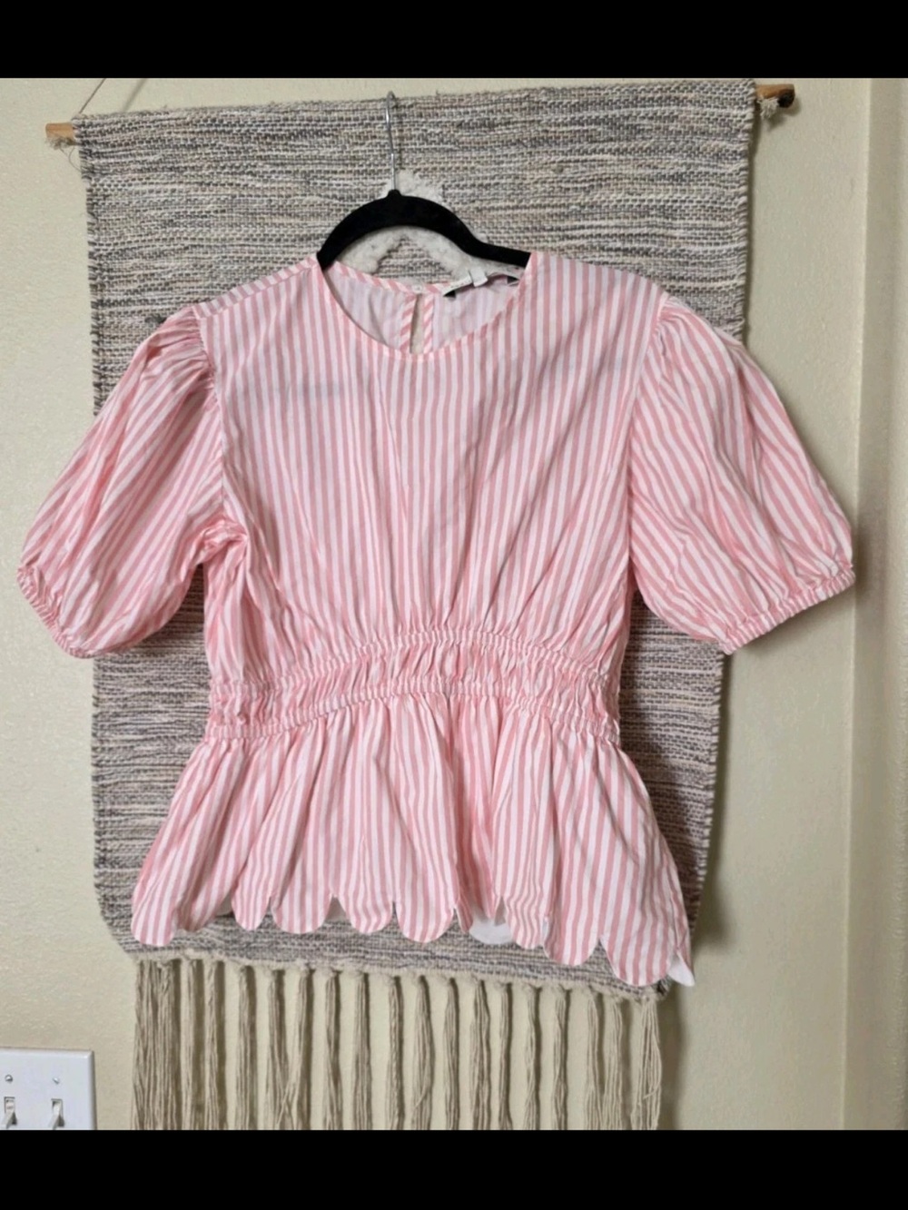 English Factory Pink White Striped Puff Sleeve Peplum Blouse Scallop Hem Women’s